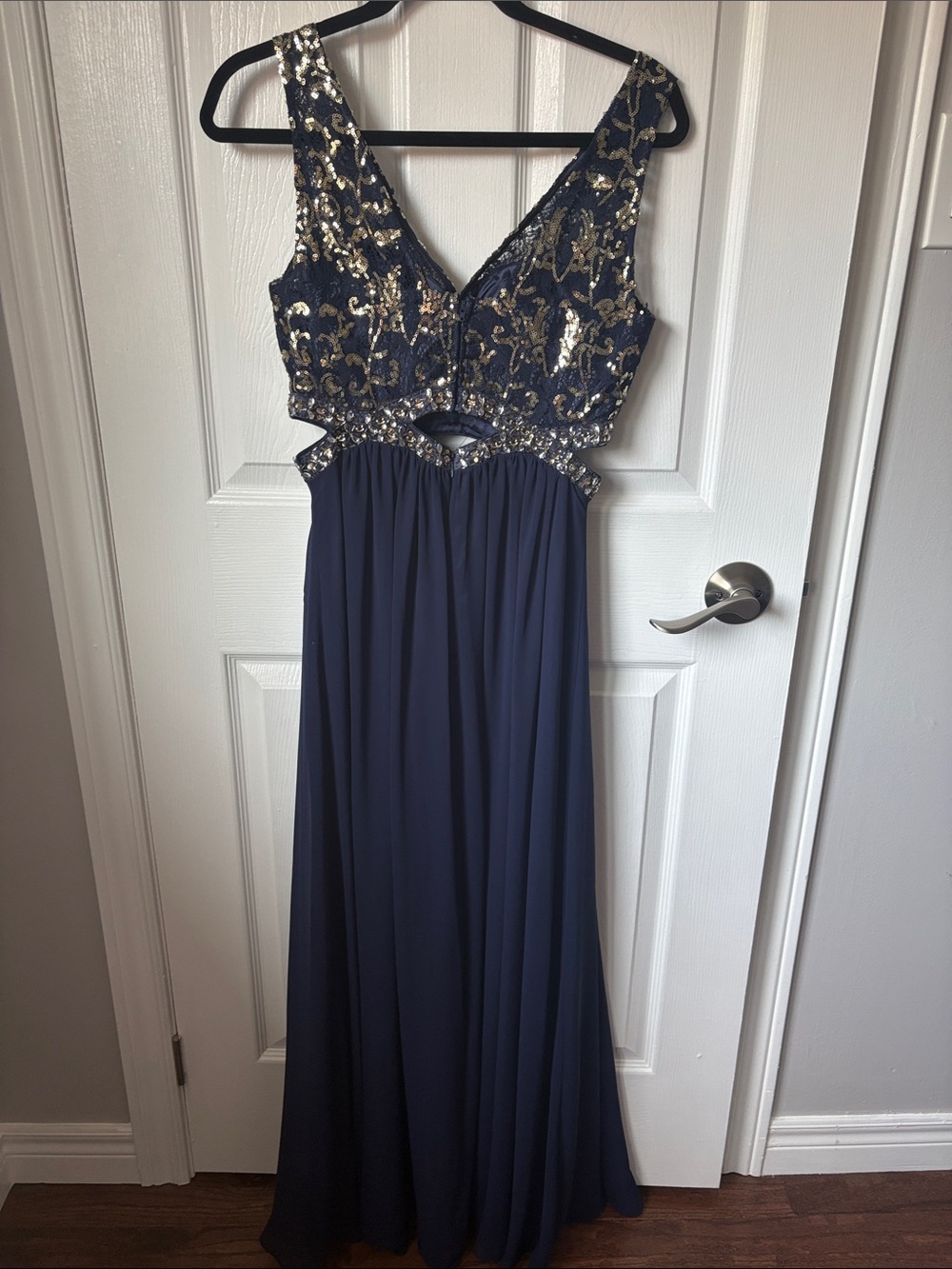 Navy Sequined Cutout Prom Gown